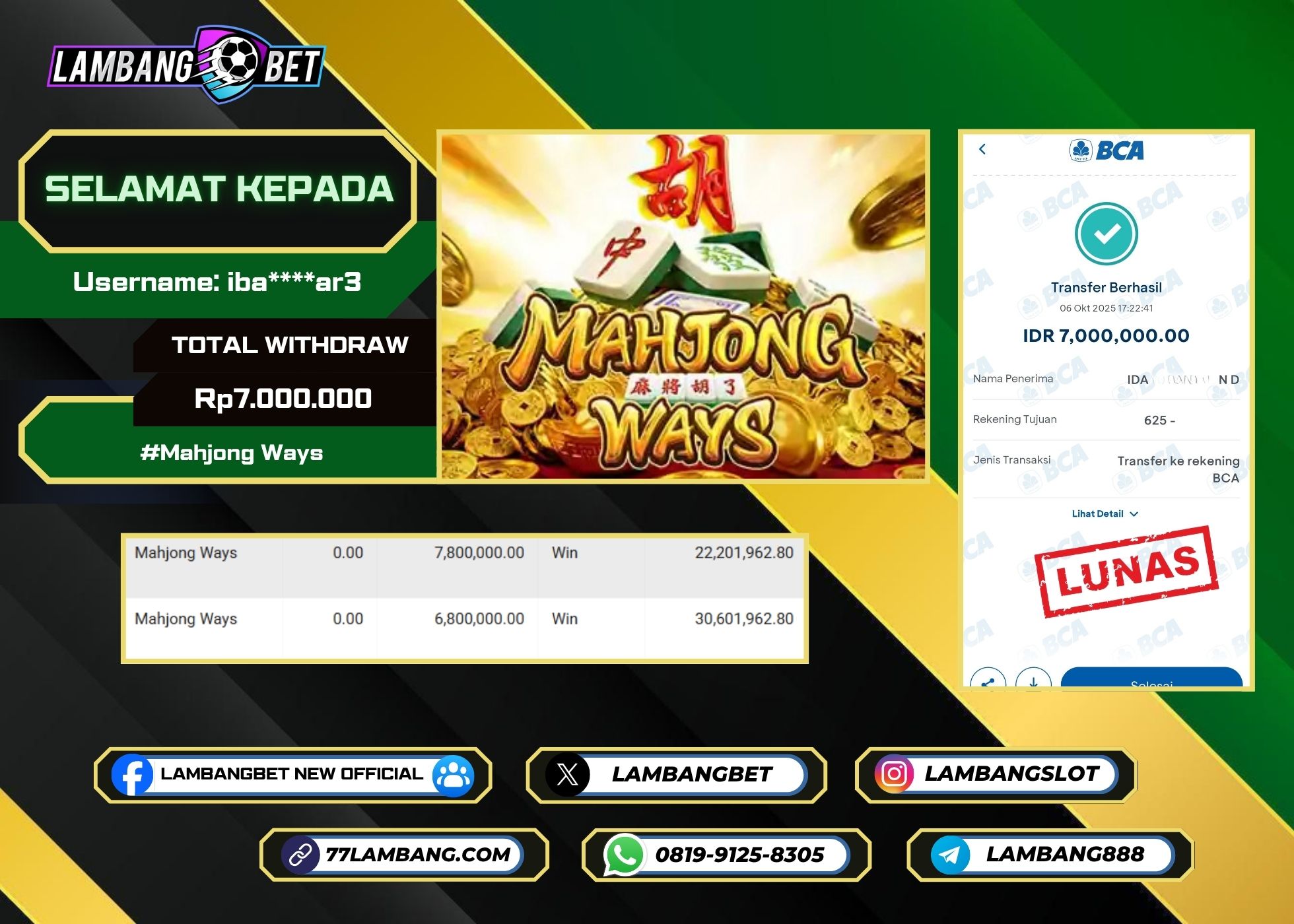 LAMBANGBET [6 OKTOBER 2025] JACKPOT SLOT Mahjong Ways "Rp7.000.000" LUNAS